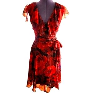Red Rose Chiffon Dress Ruffle deep V Neck sheer lined Holiday Christmas Party